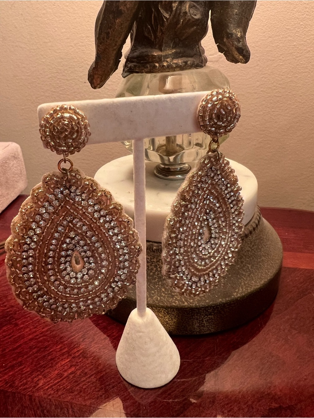 Gold-Tone Seed Bead Teardrop Crystal Dangle Earrings NWOT